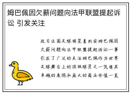 姆巴佩因欠薪问题向法甲联盟提起诉讼 引发关注