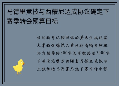 马德里竞技与西蒙尼达成协议确定下赛季转会预算目标